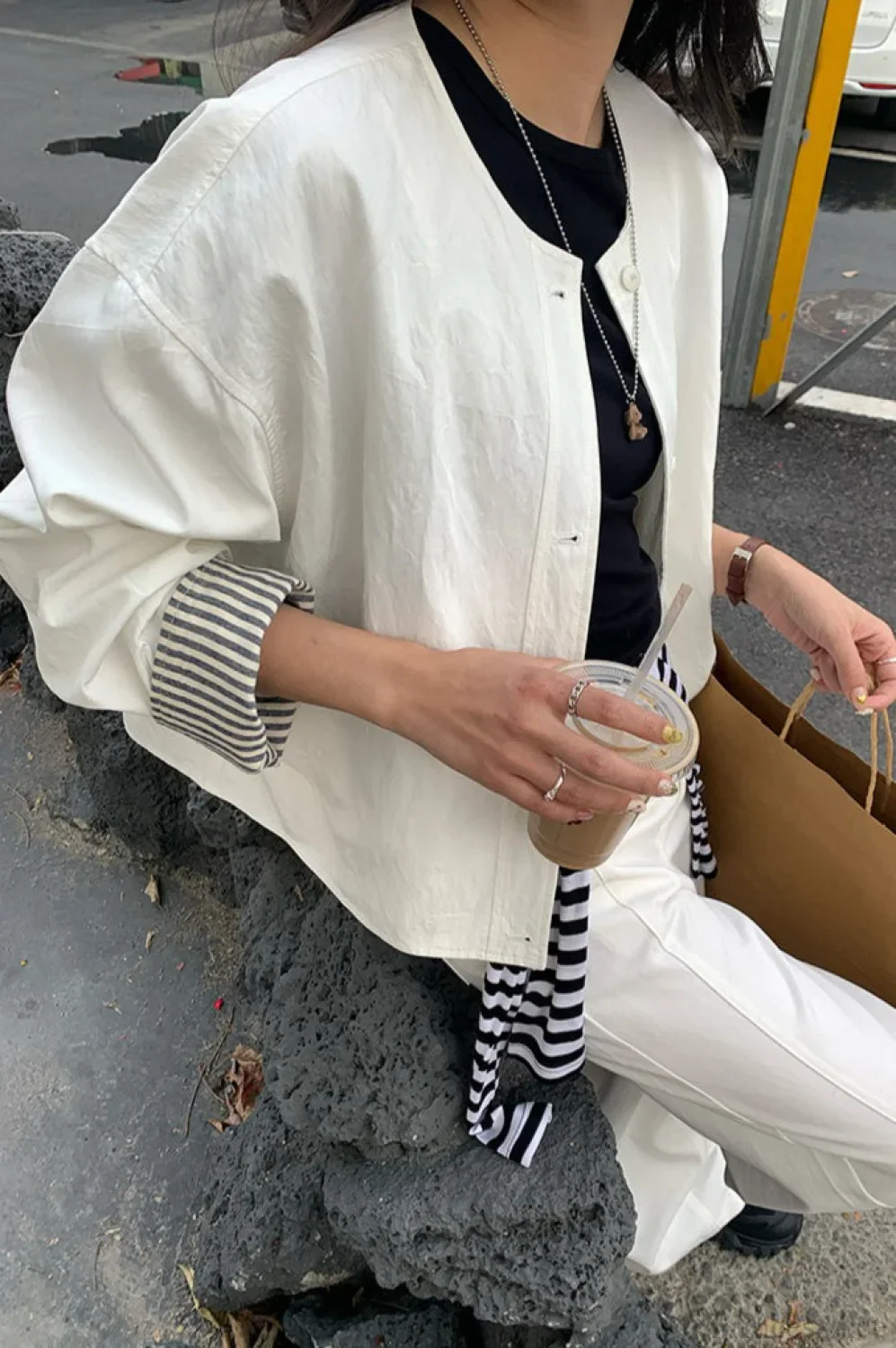 Simple Striped Sleeve Patchwork Casual Jacket - Image 4
