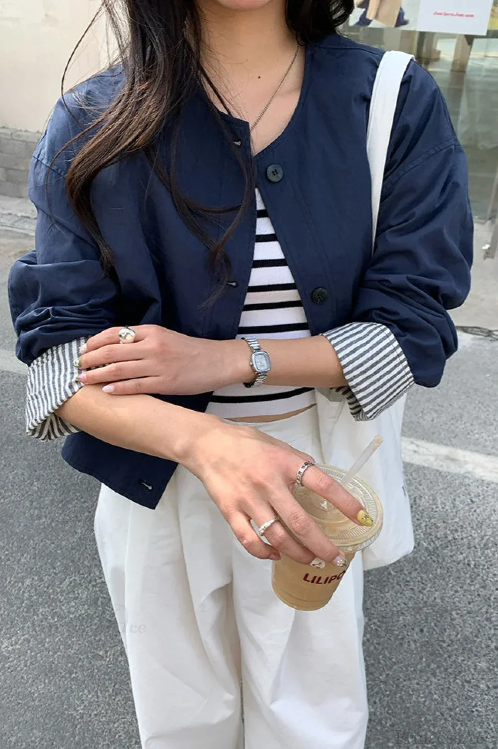 Simple Striped Sleeve Patchwork Casual Jacket - Image 7