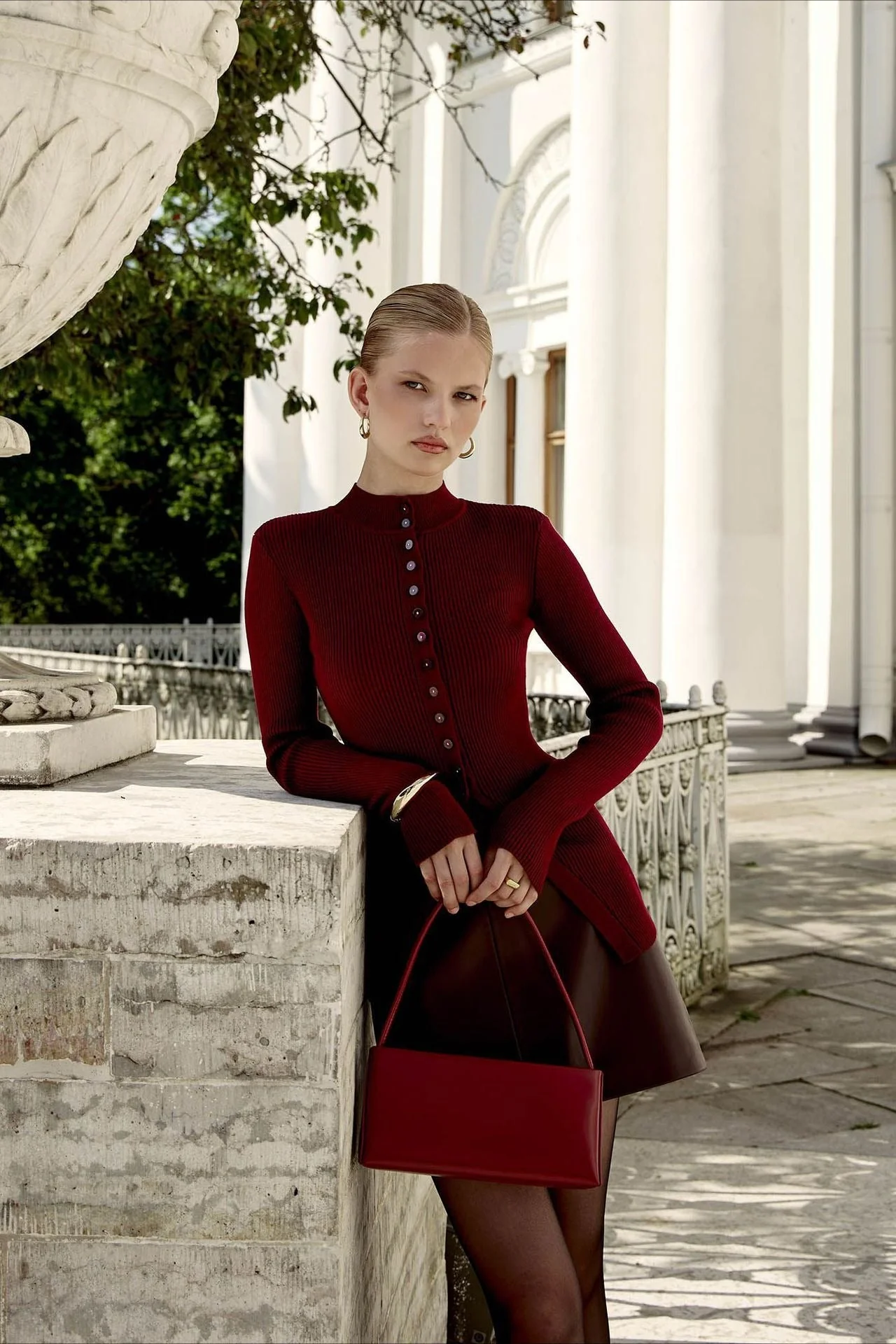 Single-Breasted Rib-Knit Slim Long Sleeve Blouse - Image 3