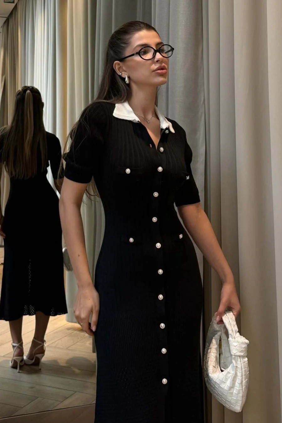 Single Breasted V Neck Knitted Slit Peter Pan Collar Midi Dress - Image 10