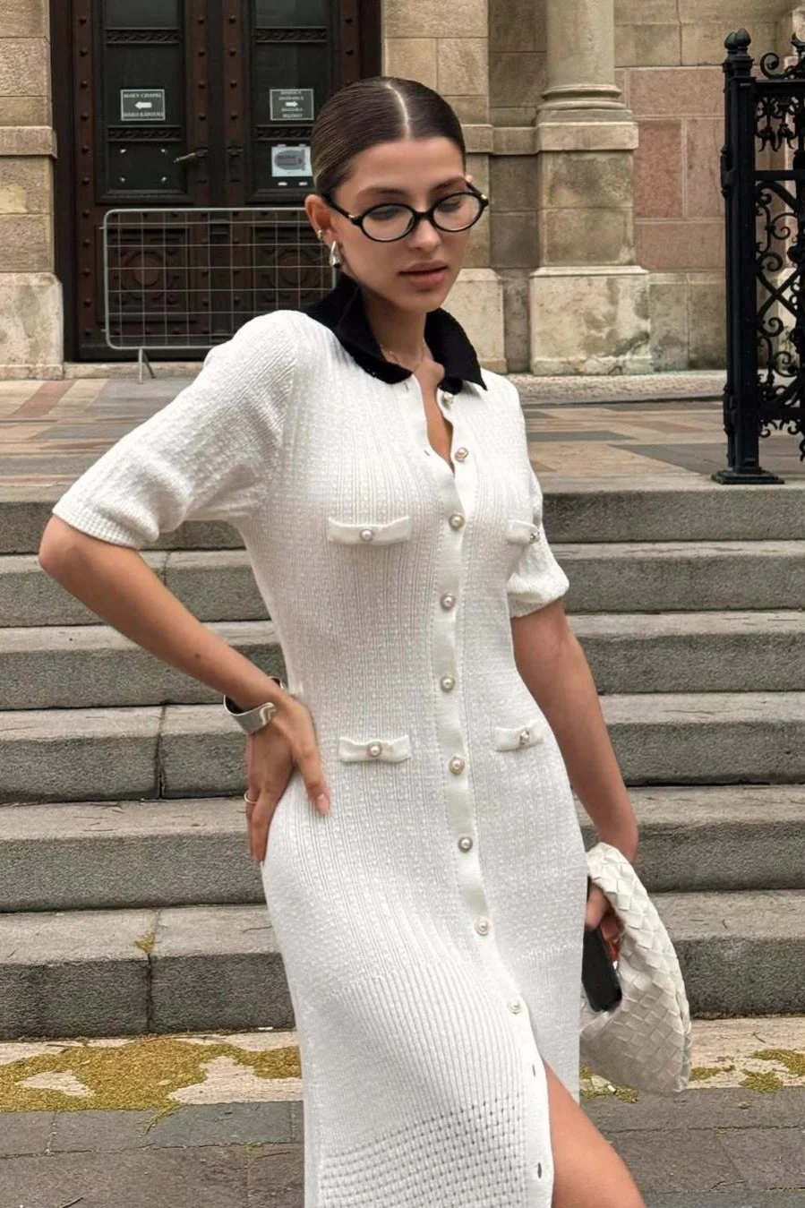 Single Breasted V Neck Knitted Slit Peter Pan Collar Midi Dress - Image 11