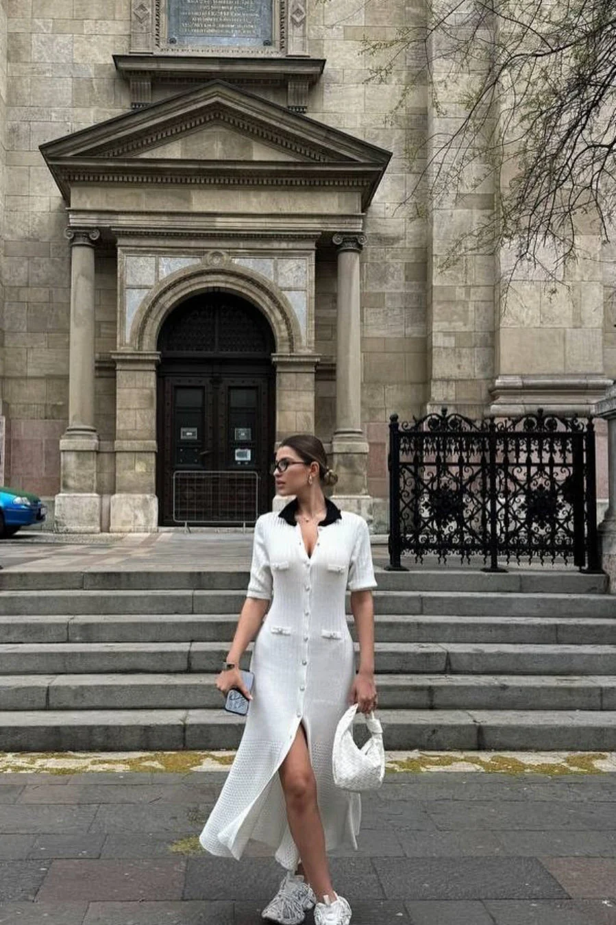 Single Breasted V Neck Knitted Slit Peter Pan Collar Midi Dress - Image 12