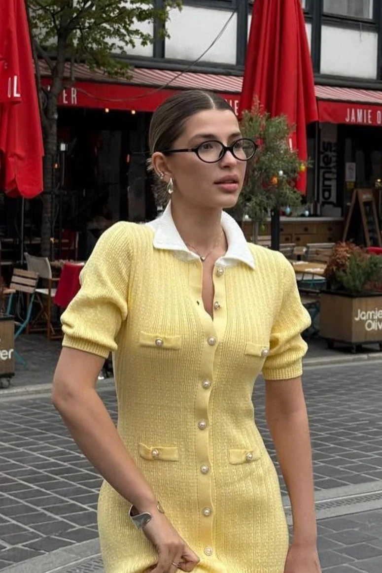 Single Breasted V Neck Knitted Slit Peter Pan Collar Midi Dress - Image 3