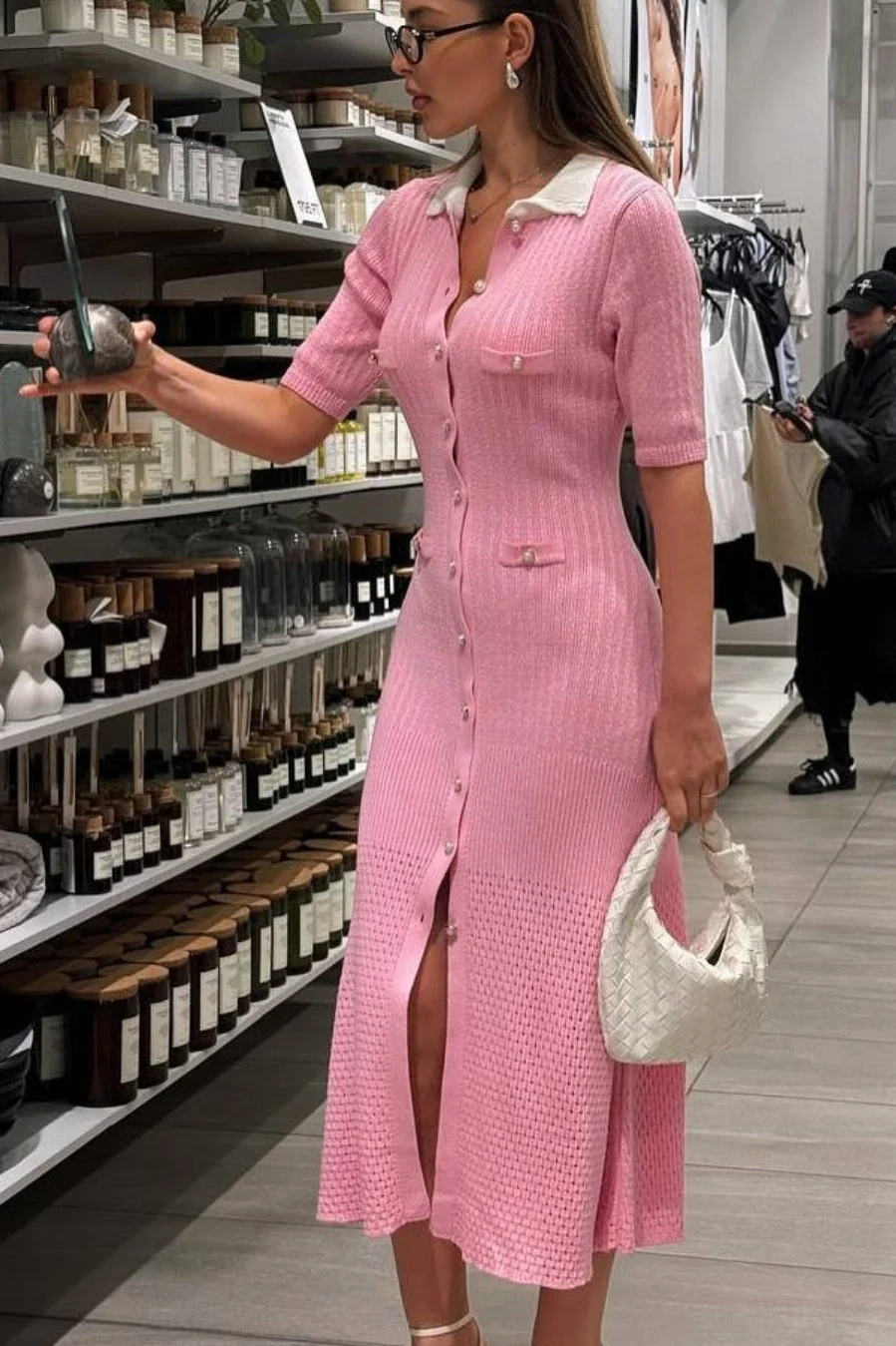 Single Breasted V Neck Knitted Slit Peter Pan Collar Midi Dress - Image 6