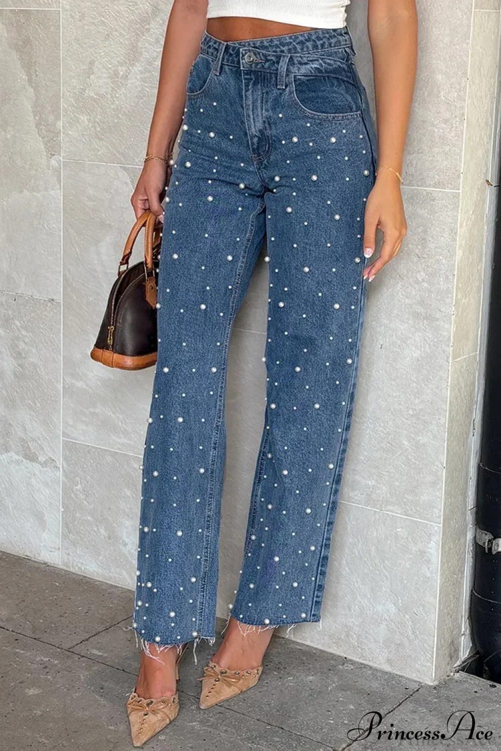Slanted Waist Crisscross Beaded Frayed Straight Leg Jeans