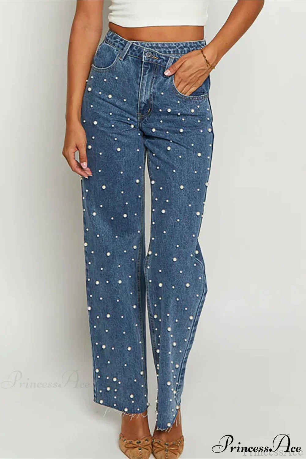 Slanted Waist Crisscross Beaded Frayed Straight Leg Jeans - Image 2
