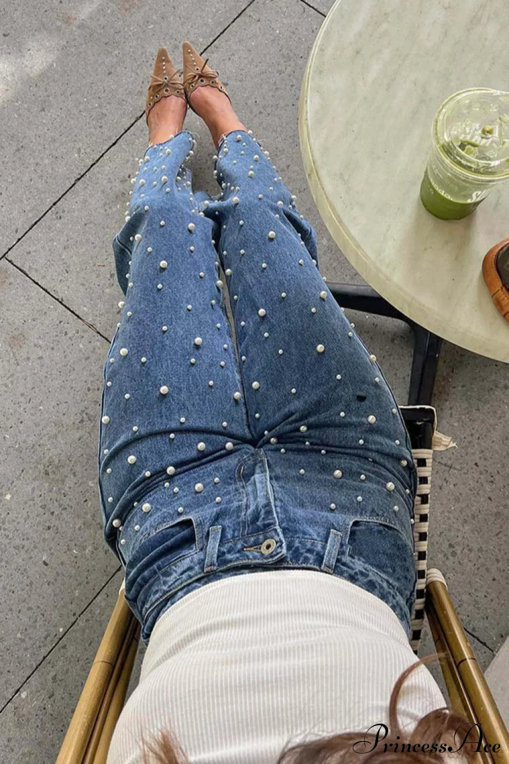 Slanted Waist Crisscross Beaded Frayed Straight Leg Jeans - Image 3