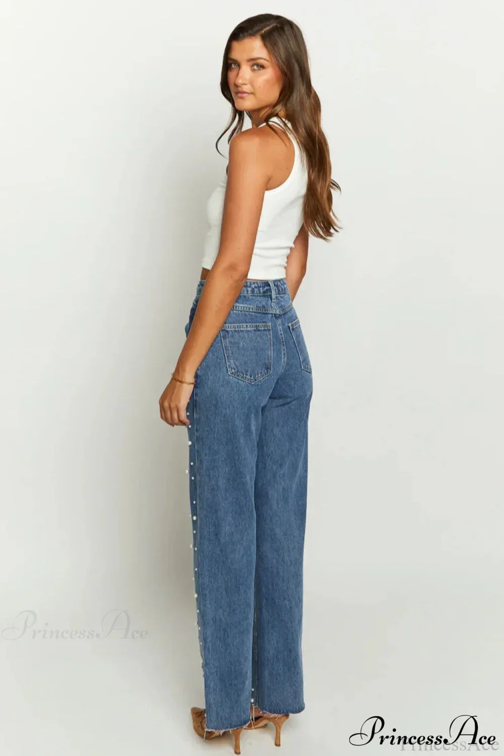 Slanted Waist Crisscross Beaded Frayed Straight Leg Jeans - Image 4