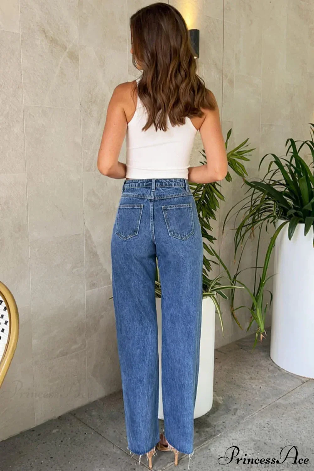 Slanted Waist Crisscross Beaded Frayed Straight Leg Jeans - Image 5