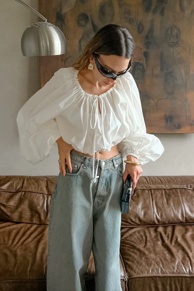 Sleek Drawstring Tie Waist Round Neck Blouse - Image 2