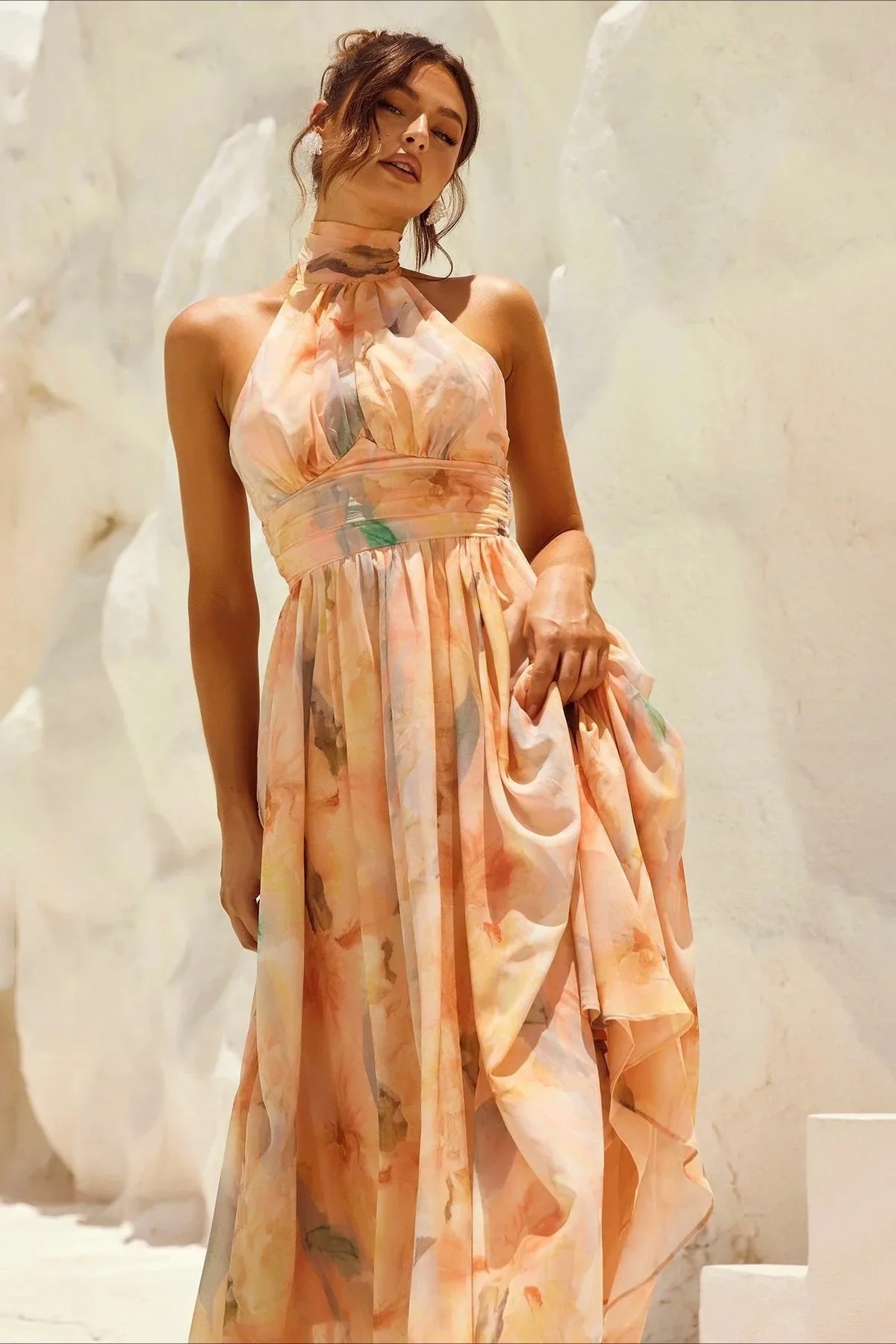 Sleeveless Floral Halter Backless Midi Dress - Image 2