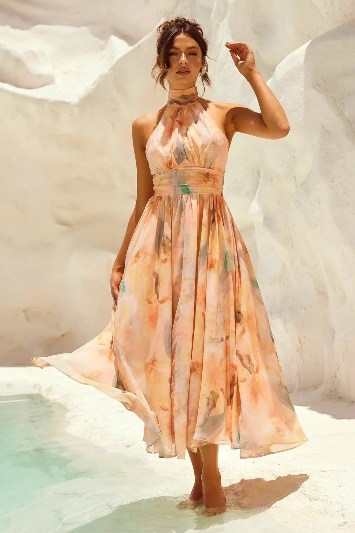 Sleeveless Floral Halter Backless Midi Dress - Image 3