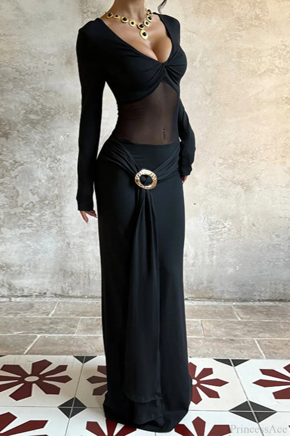 Slim Deep V Mesh Spliced Elegant Maxi Dress - Image 3
