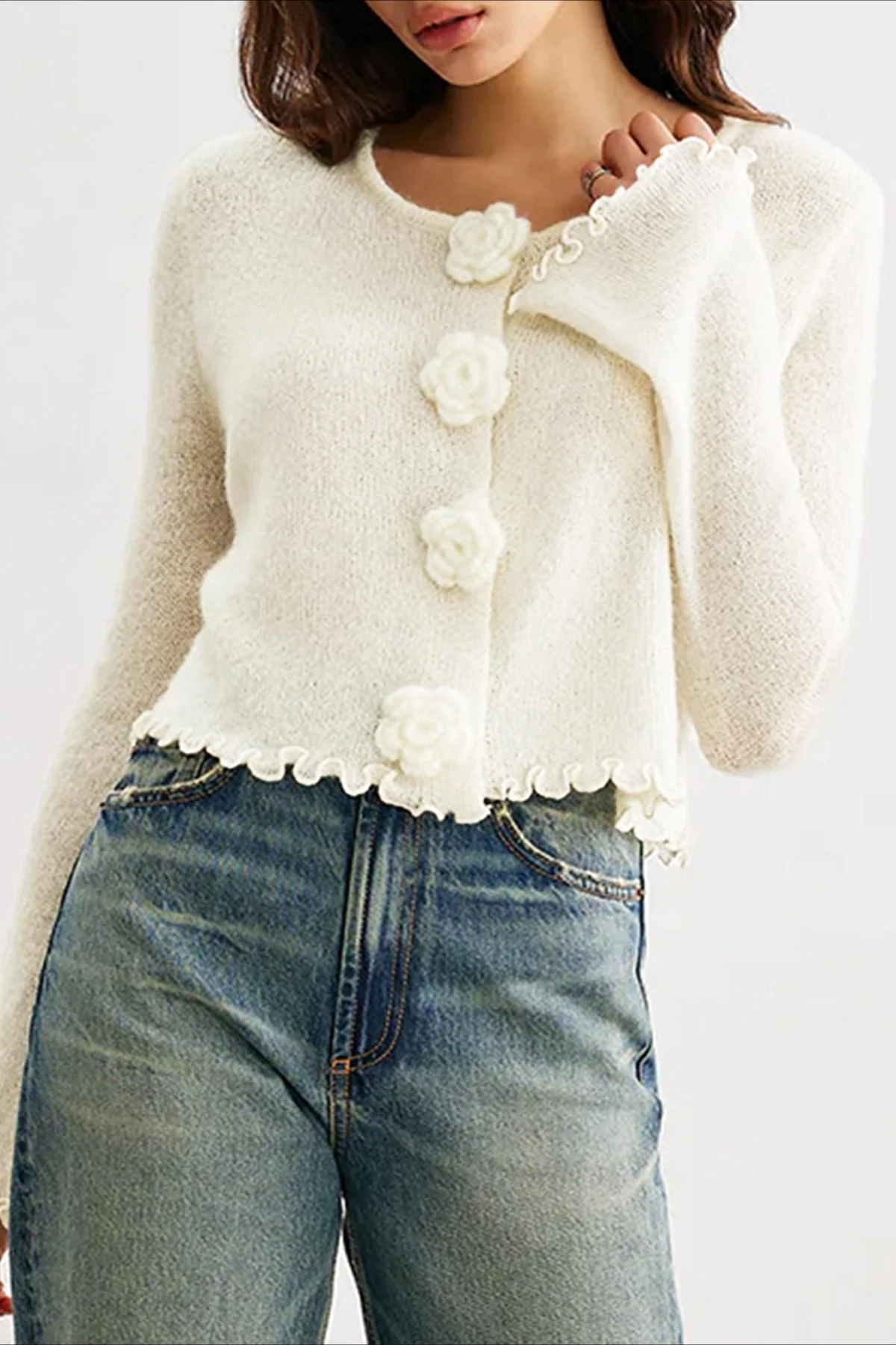 Slim-Fit 3D Floral Ruffled Pullover Knit Cardigan - Image 2