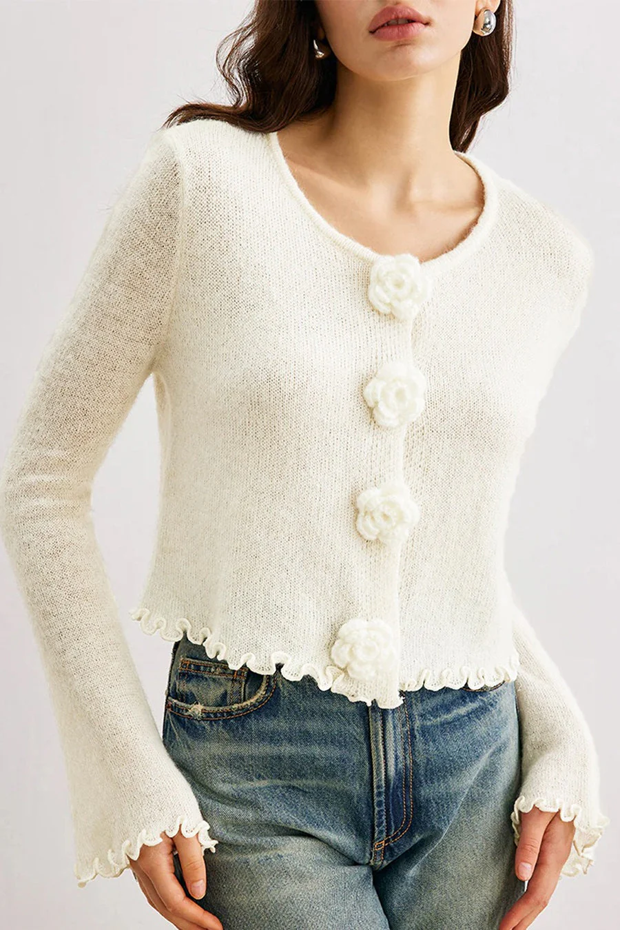 Slim-Fit 3D Floral Ruffled Pullover Knit Cardigan - Image 3
