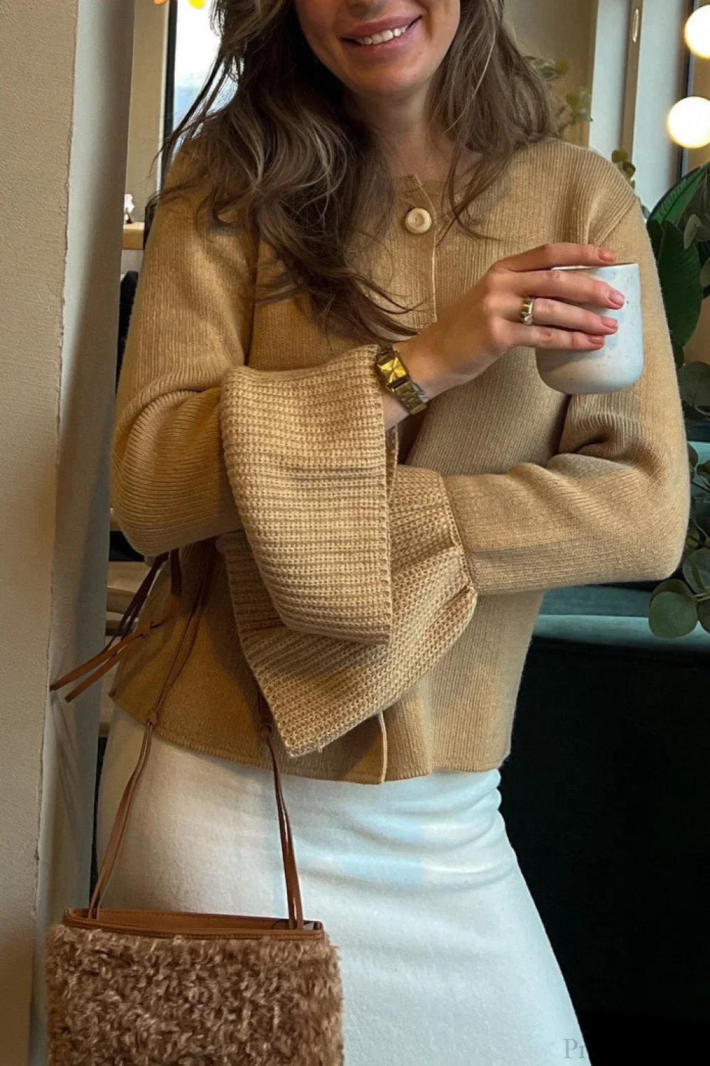 Slim Fit Bell Sleeve Knit Crew Neck Cardigan - Image 6