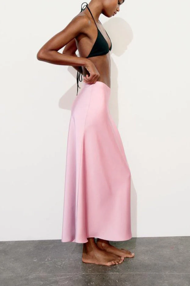 Slim High Waist Satin Texture Straight Midi Skirt - Image 3