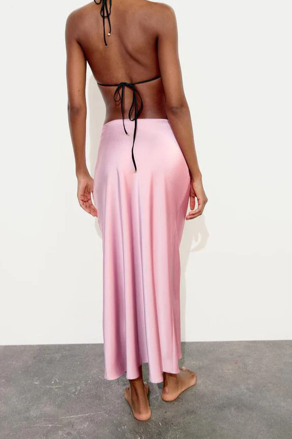 Slim High Waist Satin Texture Straight Midi Skirt - Image 4