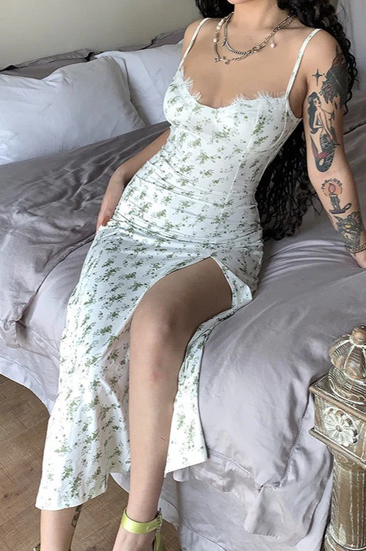 Slim Lace V Neck Split Spaghetti Strap Floral Dress - Image 2