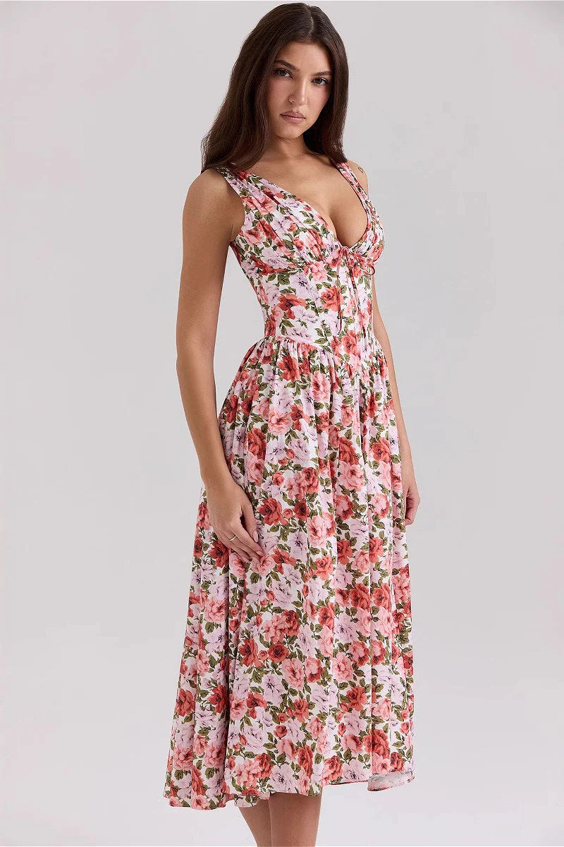 Slim V Neck Spaghetti Strap Floral Dress - Image 2