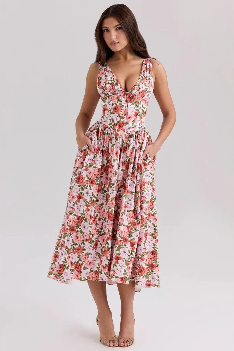 Slim V Neck Spaghetti Strap Floral Dress - Image 3