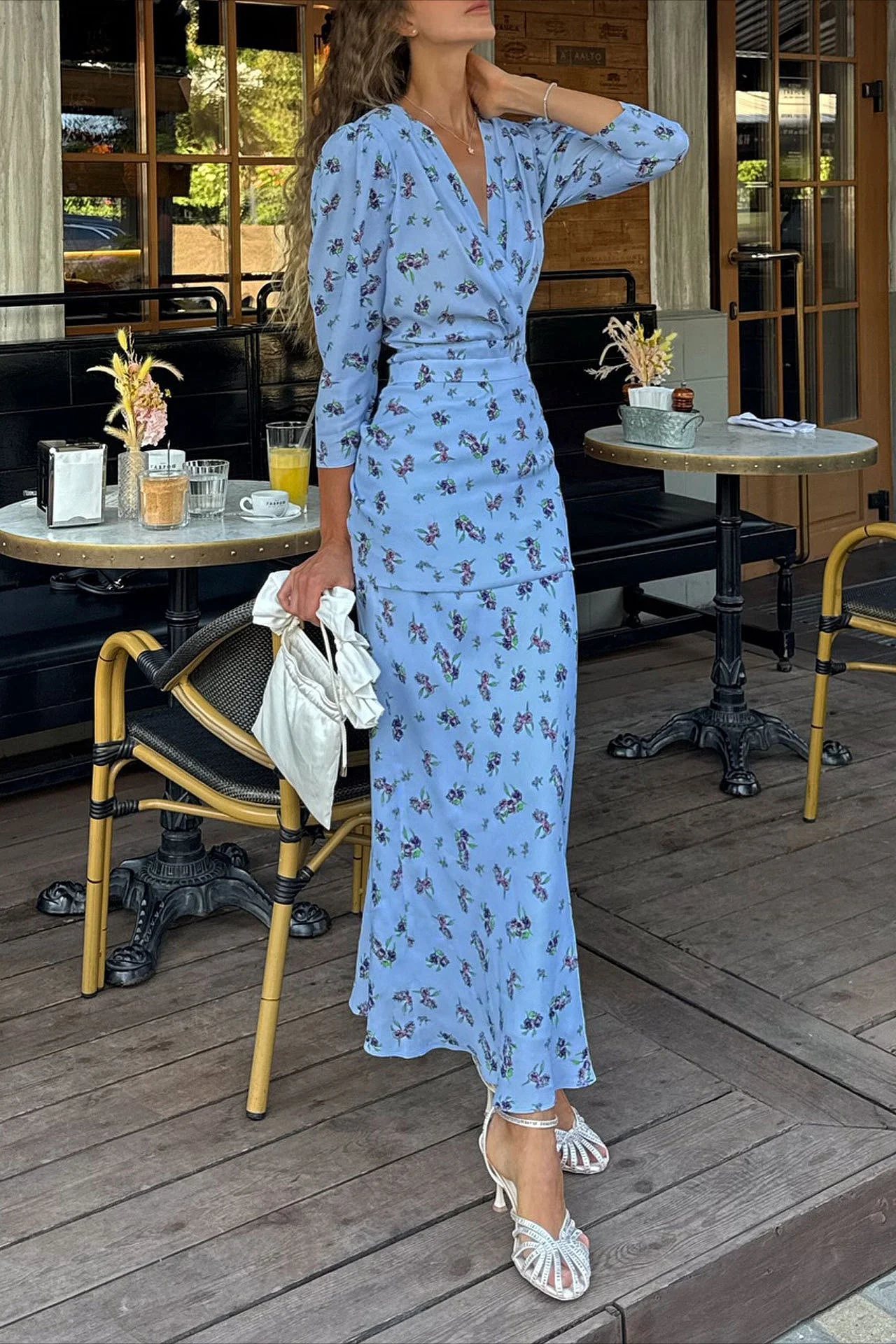 Slim Waist V Neck Elegant Floral Dress - Image 2