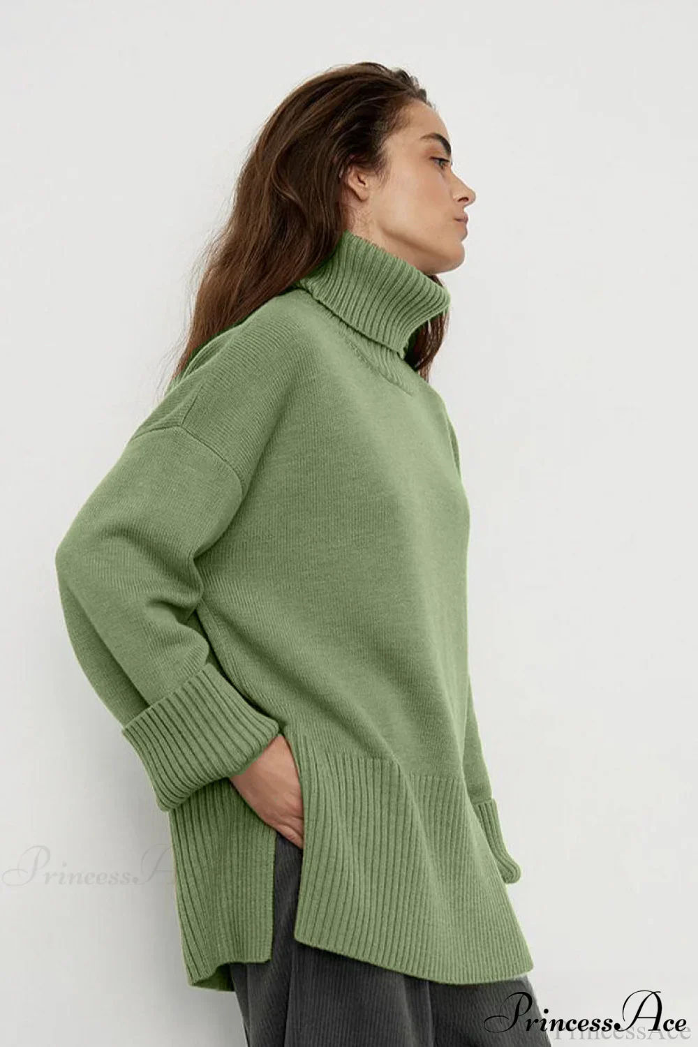 Slit Loose Knit Turtleneck Solid Sweater - Image 2