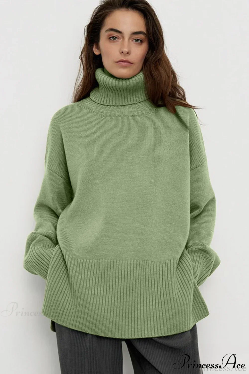 Slit Loose Knit Turtleneck Solid Sweater - Image 3