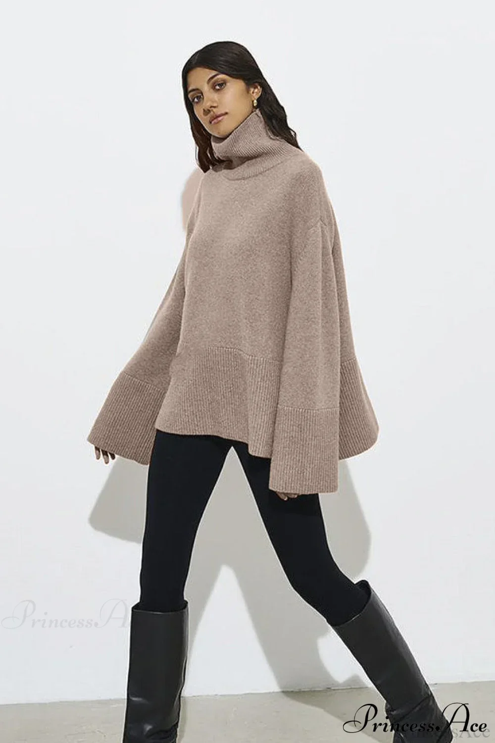 Slit Loose Knit Turtleneck Solid Sweater - Image 4