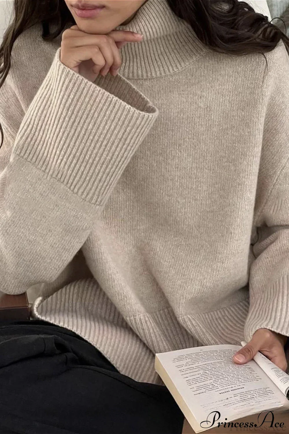 Slit Loose Knit Turtleneck Solid Sweater - Image 5