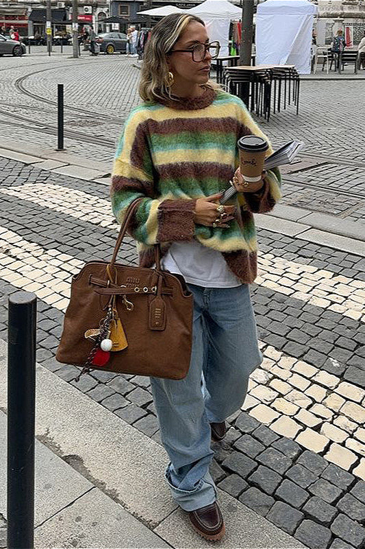 Slouchy Colorful Striped Crewneck Loose Knit Sweater - Image 2