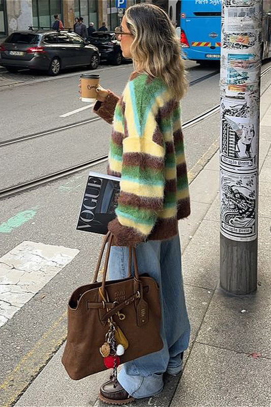 Slouchy Colorful Striped Crewneck Loose Knit Sweater - Image 3