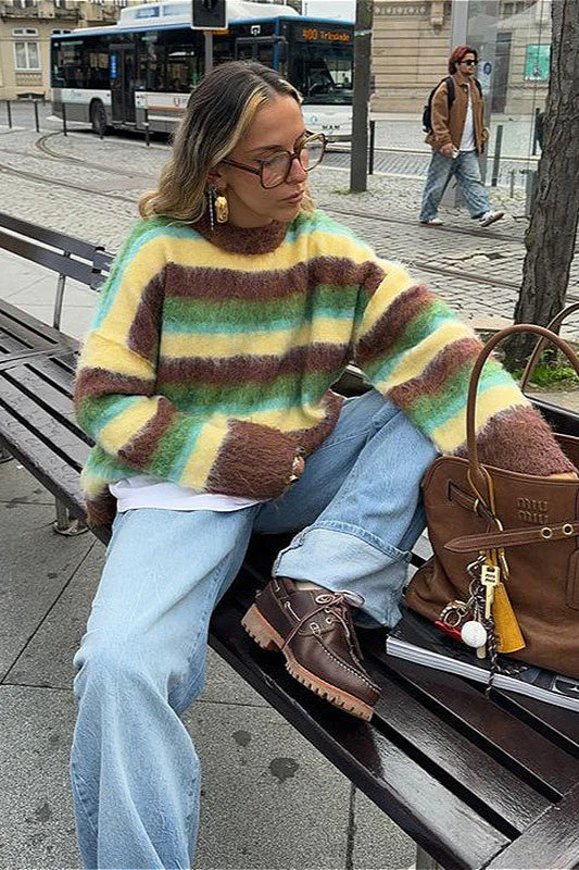 Slouchy Colorful Striped Crewneck Loose Knit Sweater - Image 4
