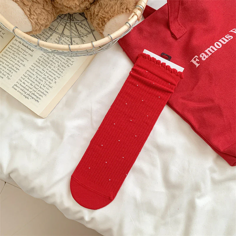 Slouchy Red Combed Cotton Mid Calf Chic Socks - Image 12