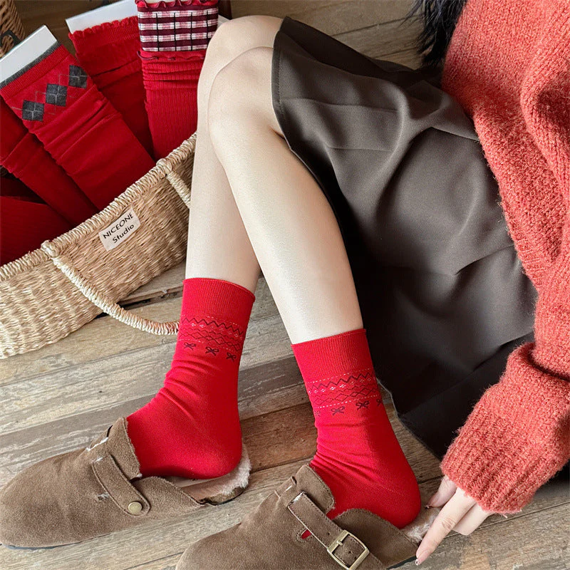 Slouchy Red Combed Cotton Mid Calf Chic Socks - Image 2