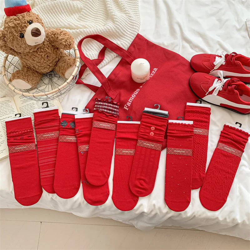 Slouchy Red Combed Cotton Mid Calf Chic Socks - Image 3