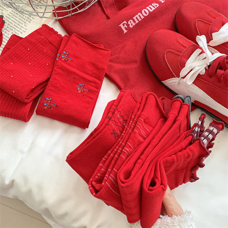 Slouchy Red Combed Cotton Mid Calf Chic Socks - Image 4