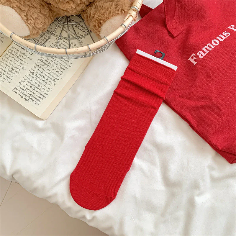 Slouchy Red Combed Cotton Mid Calf Chic Socks - Image 9