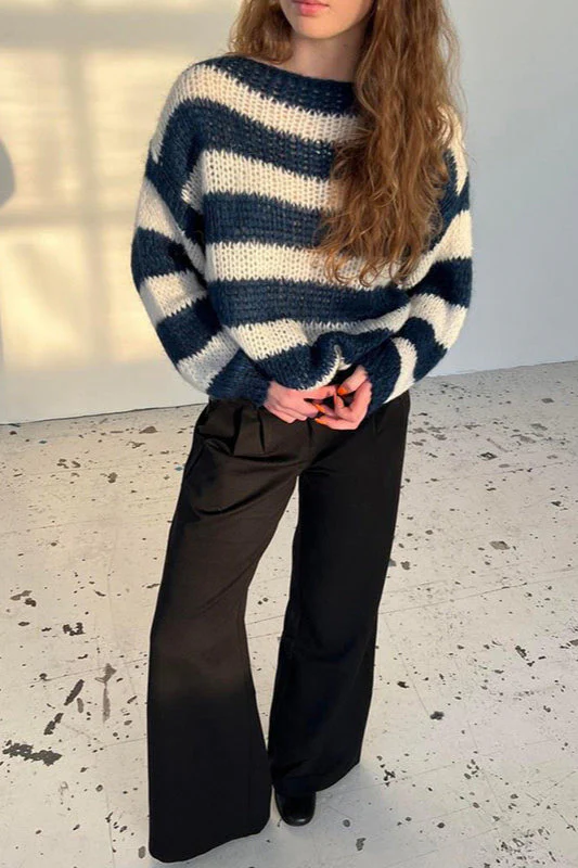 Slouchy Striped Crewneck Loose Long Sleeve Knit Sweater - Image 2