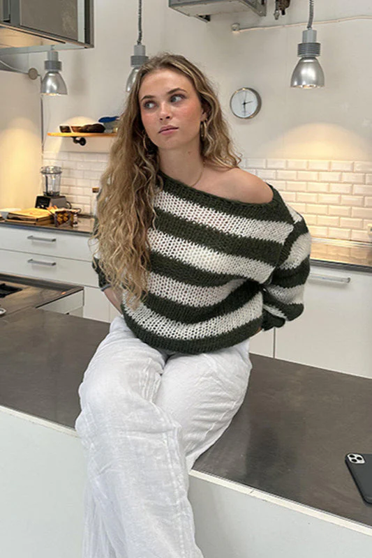 Slouchy Striped Crewneck Loose Long Sleeve Knit Sweater - Image 3