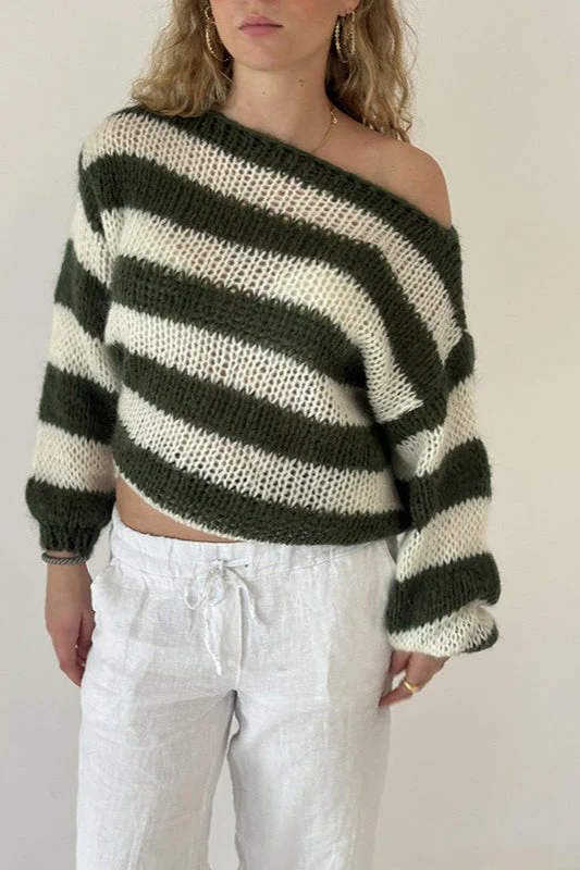 Slouchy Striped Crewneck Loose Long Sleeve Knit Sweater - Image 4