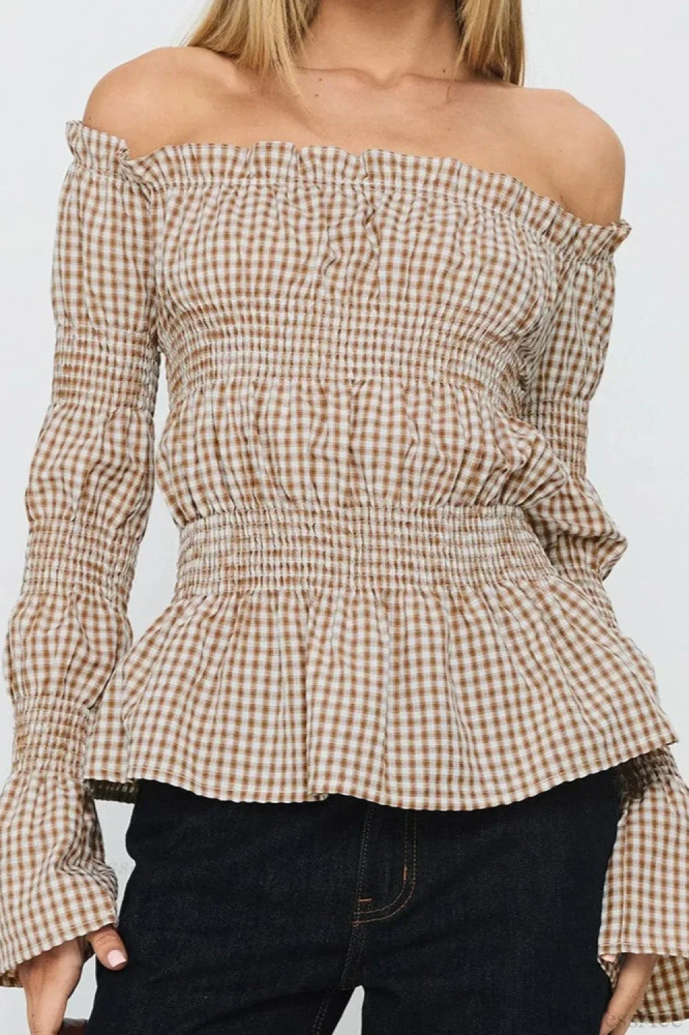Smocked Plaid Off-the-Shoulder Flared Long Sleeve Blouse - Image 2