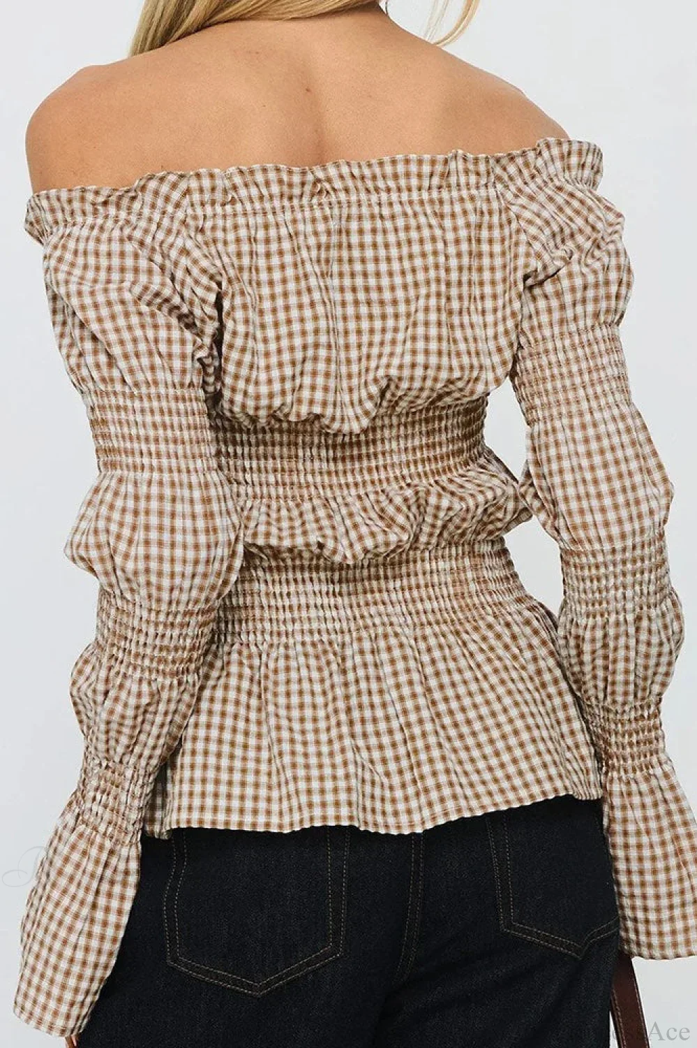 Smocked Plaid Off-the-Shoulder Flared Long Sleeve Blouse - Image 3