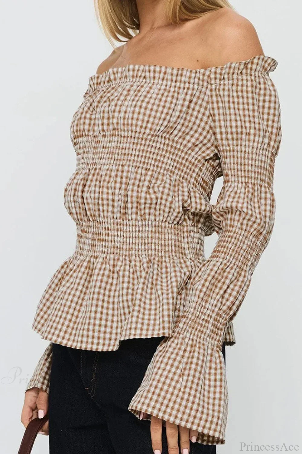Smocked Plaid Off-the-Shoulder Flared Long Sleeve Blouse - Image 4