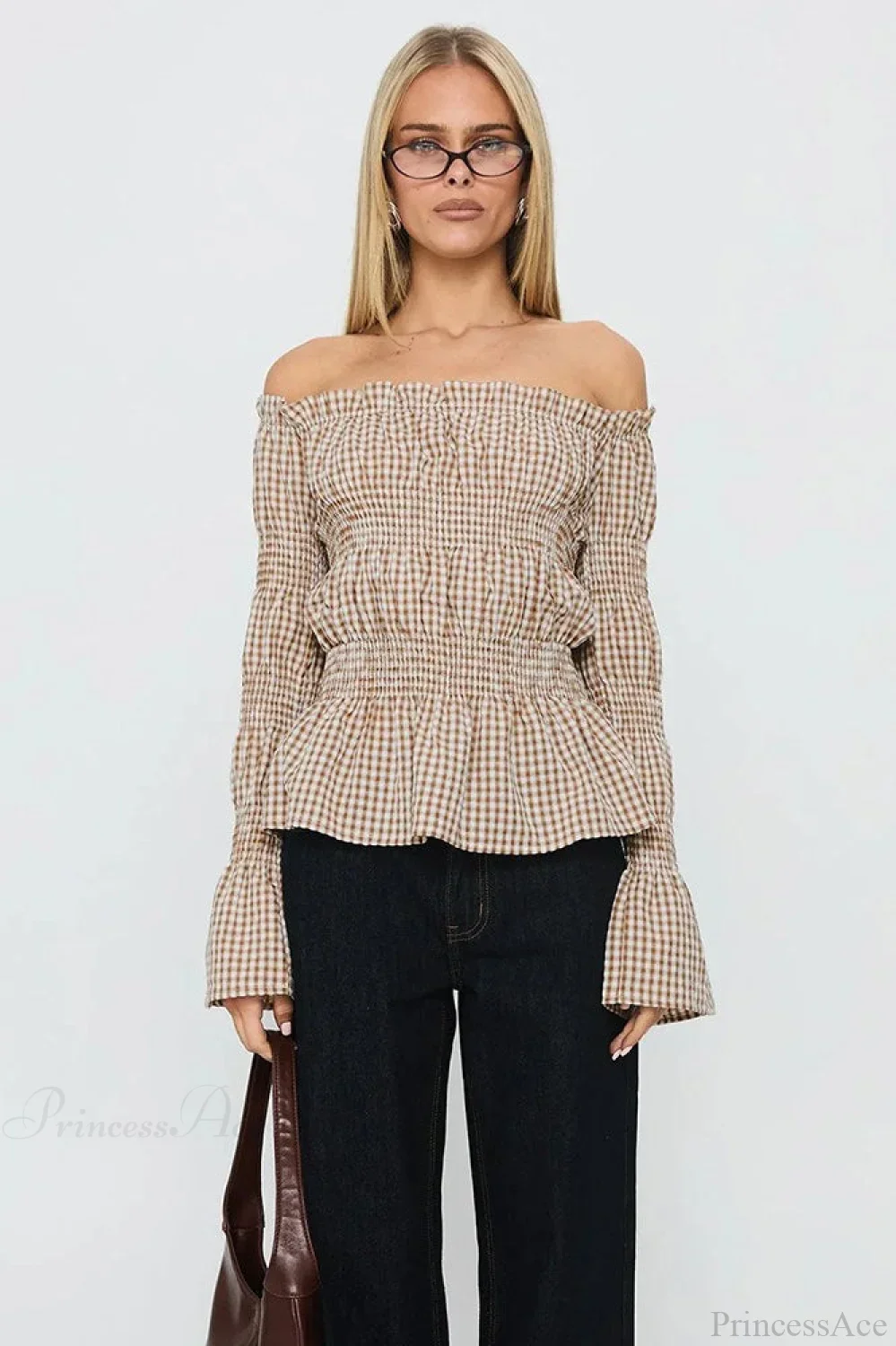 Smocked Plaid Off-the-Shoulder Flared Long Sleeve Blouse - Image 5