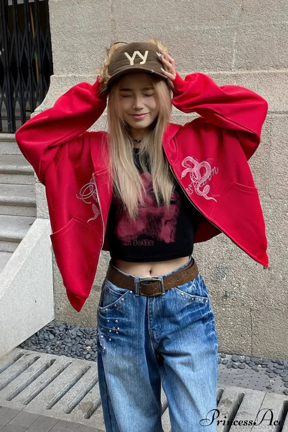 Snake Print Rhinestone Zip Up Cropped Hoodie - Image 10
