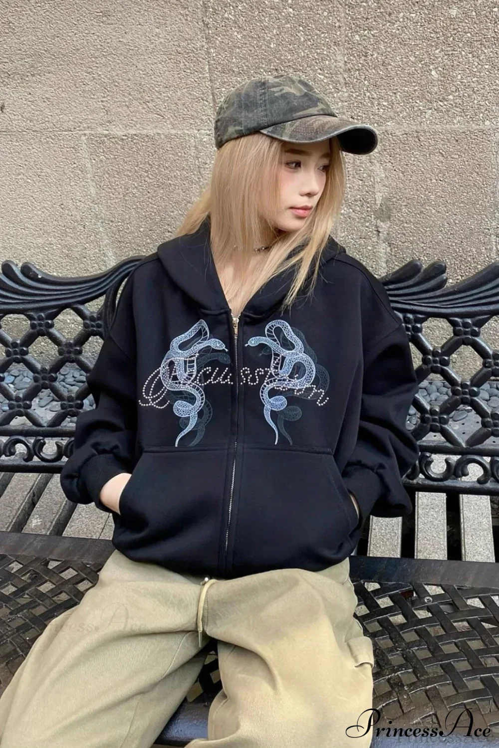 Snake Print Rhinestone Zip Up Cropped Hoodie - Image 2
