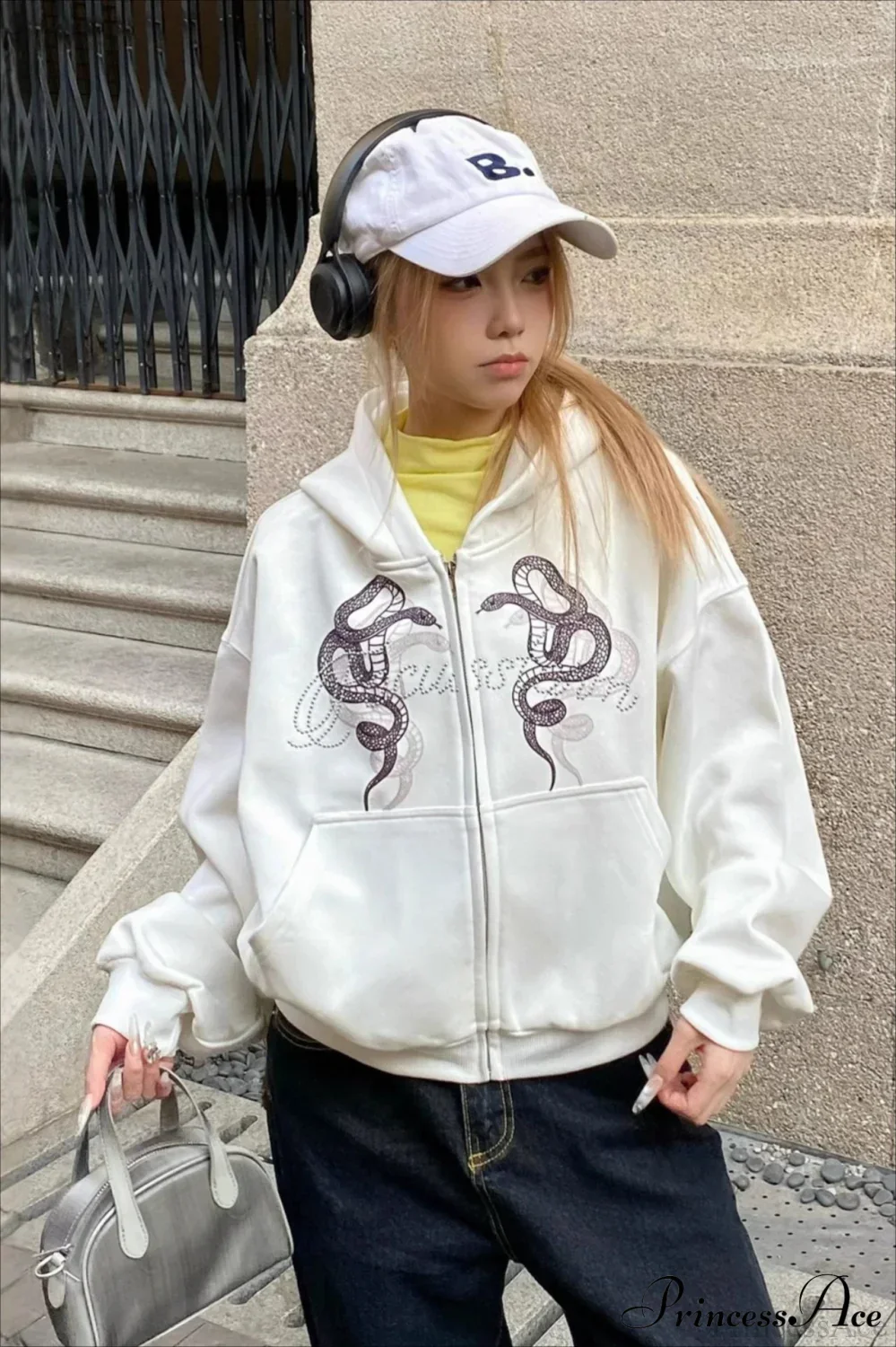 Snake Print Rhinestone Zip Up Cropped Hoodie - Image 5