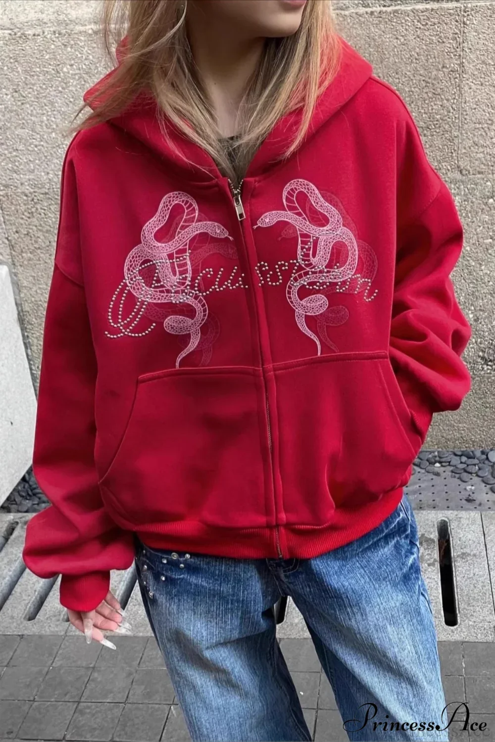 Snake Print Rhinestone Zip Up Cropped Hoodie - Image 7