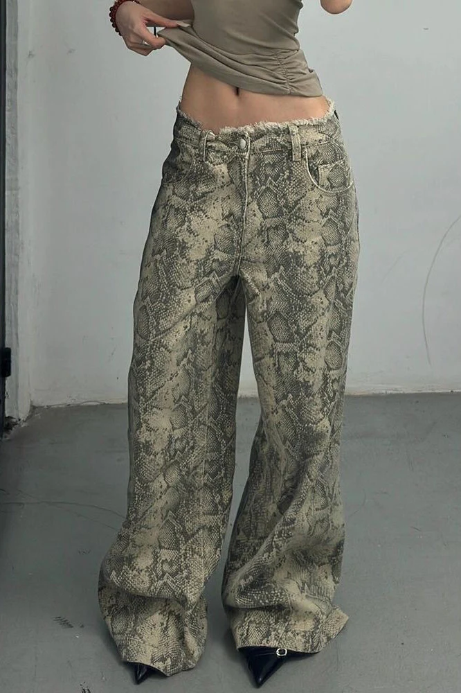 Snake Print Wide Leg Low Waist Frayed Jeans - Image 3